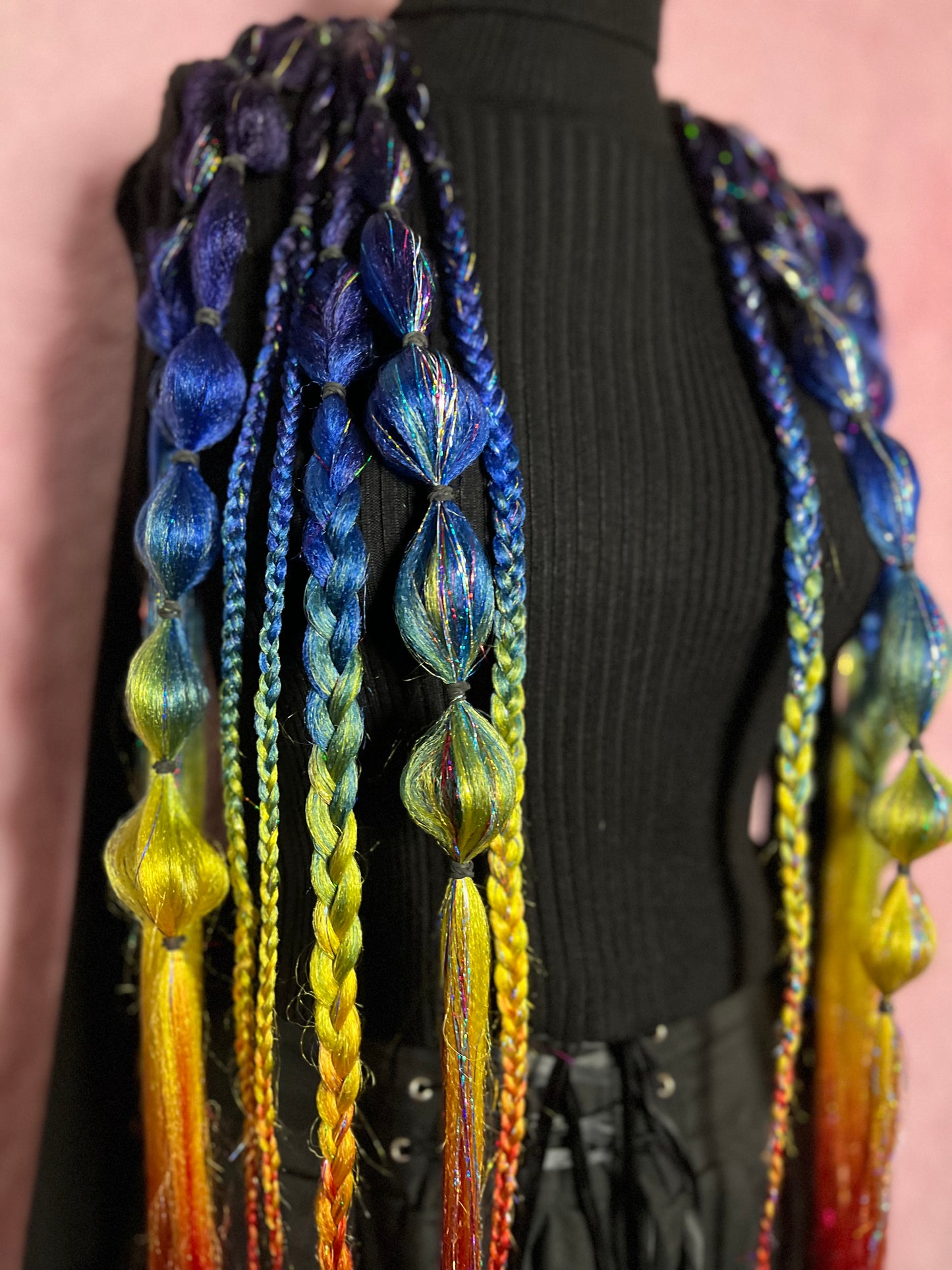 Rainbow tie in hair extensions